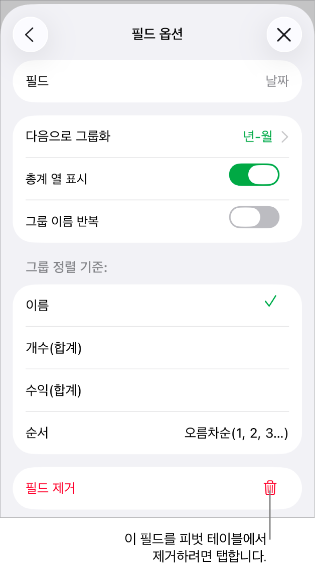 데이터 그룹화 및 정렬은 물론 필드를 제거하는 옵션이 있는 제어기를 표시하는 필드 옵션 메뉴.