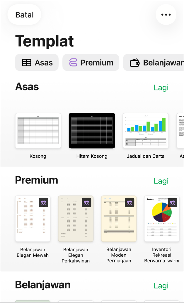 Pemilih templat menunjukkan baris kategori merentas bahagian atas yang anda boleh ketik untuk menapis pilihan. Di bawah ialah imej kecil templat yang diprareka bentuk disusun dalam baris mengikut kategori.