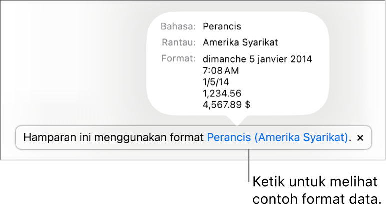 Pemberitahuan seting bahasa dan rantau berbeza, menunjukkan contoh format dalam bahasa dan rantau itu.