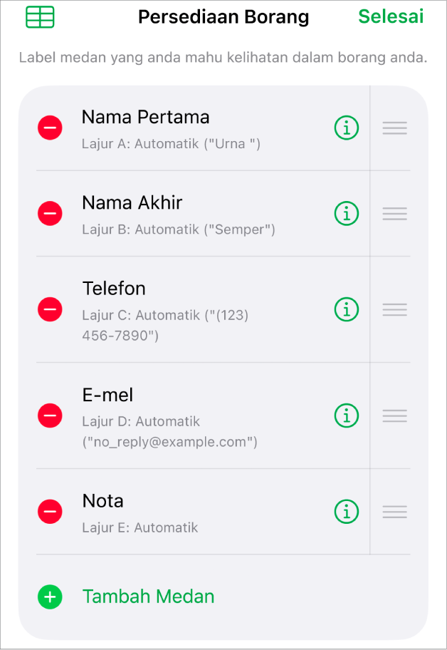 Kawalan persediaan borang, menunjukkan pilihan untuk menambah, mengedit, menyusun semula dan memadam medan, serta menukar format medan (seperti daripada Teks ke Peratusan).