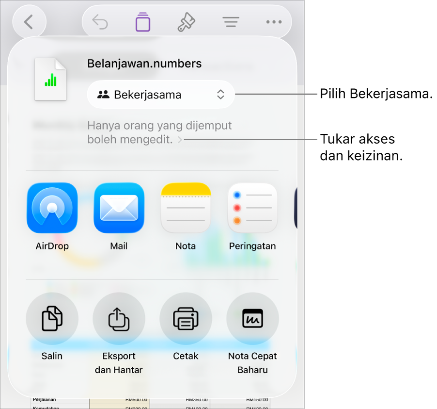 Menu Kongsi dengan Bekerjasama dipilih di bahagian atas dan seting akses serta keizinan di bahagian bawah.