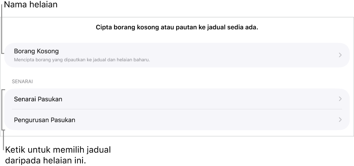 Senarai jadual yang berada dalam hamparan yang sama, dengan pilihan untuk mencipta borang kosong di bahagian atas.