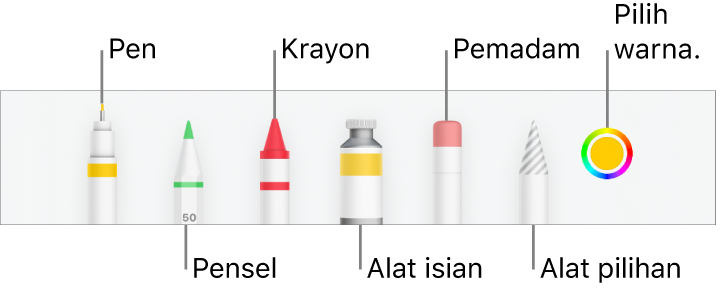 Bar alat melukis dalam Numbers pada iPhone dengan pen, pensel, krayon, alat isian, pemadam, alat pilihan dan perigi warna menunjukkan warna semasa.