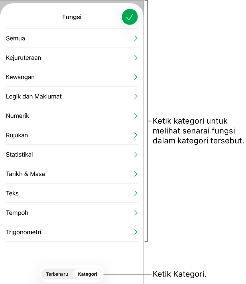 Pelayar Fungsi dengan butang Kategori dipilih dan senarai kategori di bawah.