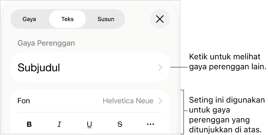 Menu Format menunjukkan kawalan teks untuk mengesetkan perenggan dan gaya, fon, saiz dan warna aksara.
