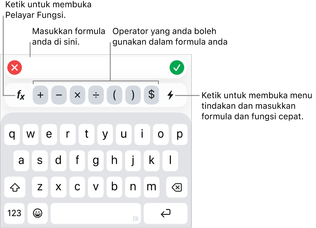 Papan kekunci formula dengan Editor Formula di atasnya dan operator yang digunakan dalam formula di bawahnya. Butang Fungsi untuk membuka Pelayar Fungsi terdapat di sebelah kiri operator manakala butang menu Tindakan di sebelah kanan.