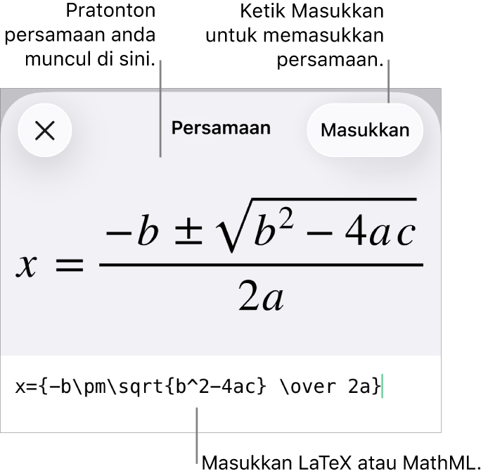 Dialog Persamaan, menunjukkan persamaan yang ditulis menggunakan perintah MathML manakala pratonton formulanya di atas.