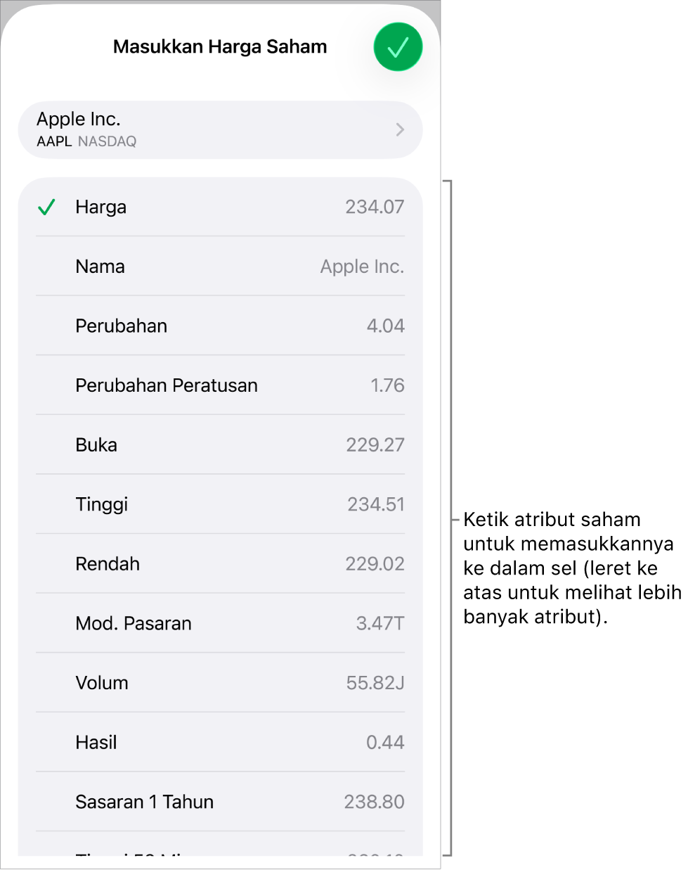 Menu timbul harga saham, dengan nama saham di atas dan atribut saham boleh dipilih termasuk harga, nama, pertukaran, pertukaran peratus dan bukaan disenaraikan di bawah.