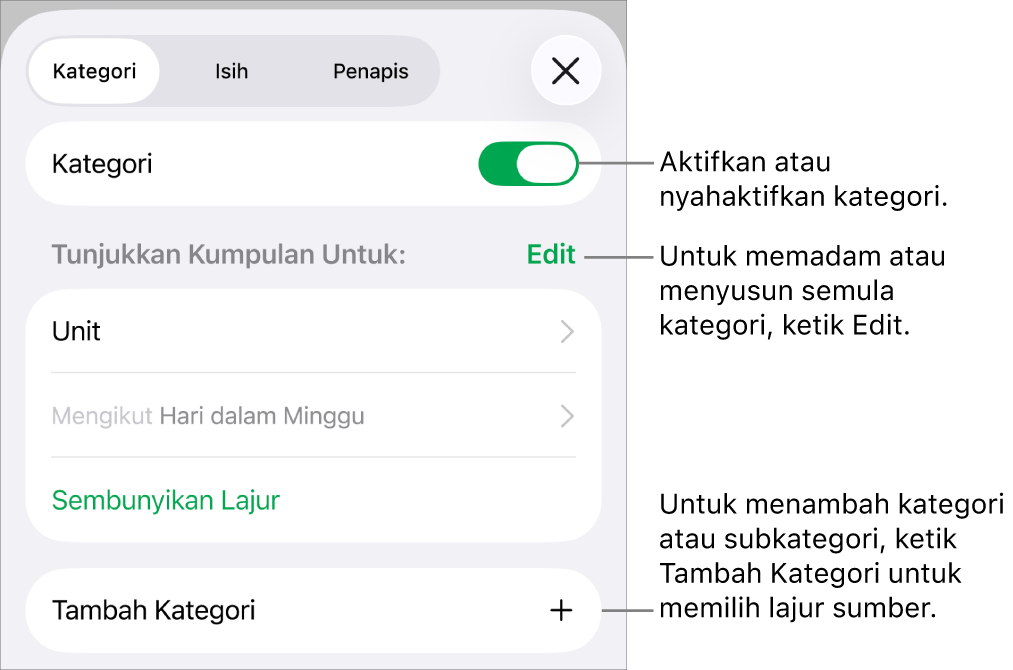 Menu Kategori untuk iPhone dengan pilihan untuk menyahaktifkan kategori, memadam kategori, mengumpul semula data, menyembunyikan lajur sumber dan menambah kategori.