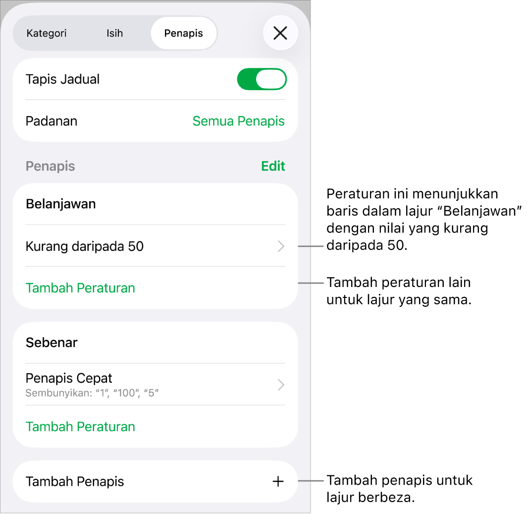 Kawalan untuk menambah peraturan penapisan baharu atau mengedit yang sedia ada.