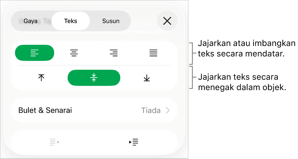 Bahagian Tataletak pada Pemeriksa Format dengan petak bual ke butang penjajaran dan jarak teks.