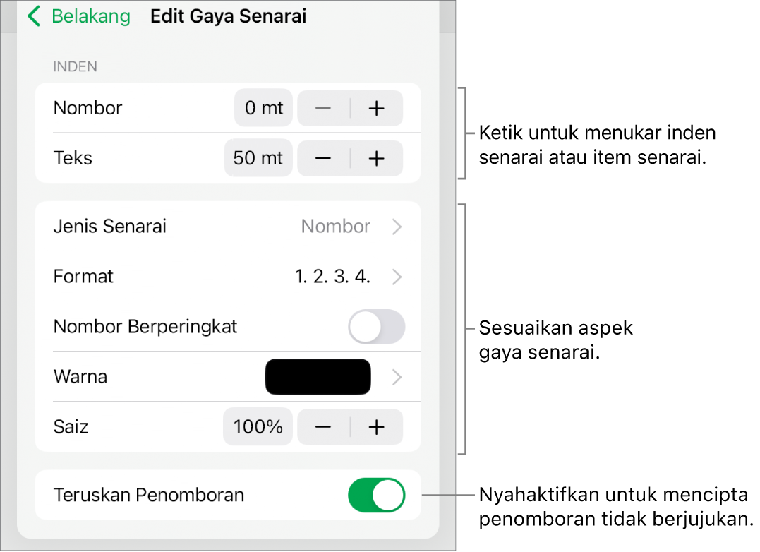 Menu Edit Gaya Senarai dengan kawalan untuk jarak inden, jenis dan format senarai, nombor berperingkat, warna dan saiz senarai serta nombor berterusan.