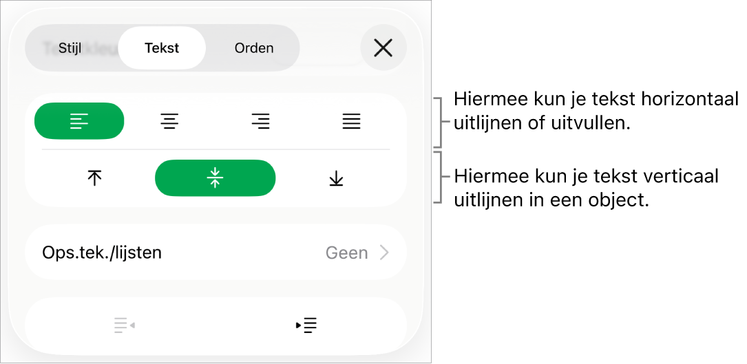 Het gedeelte 'Lay-out' van het infovenster 'Opmaak' met uitleg bij tekstuitlijn- en afstandsknoppen.