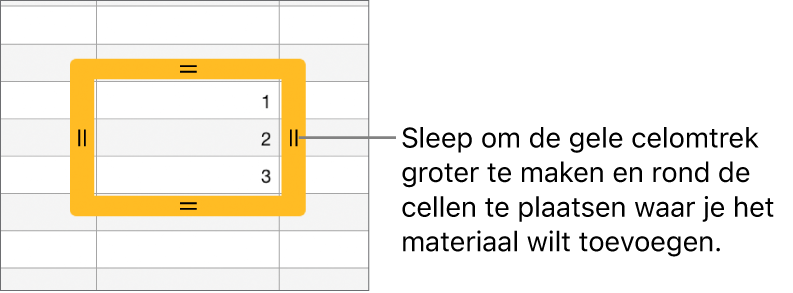 Een geselecteerde cel met een grote gele rand die je kunt slepen om cellen automatisch te vullen.