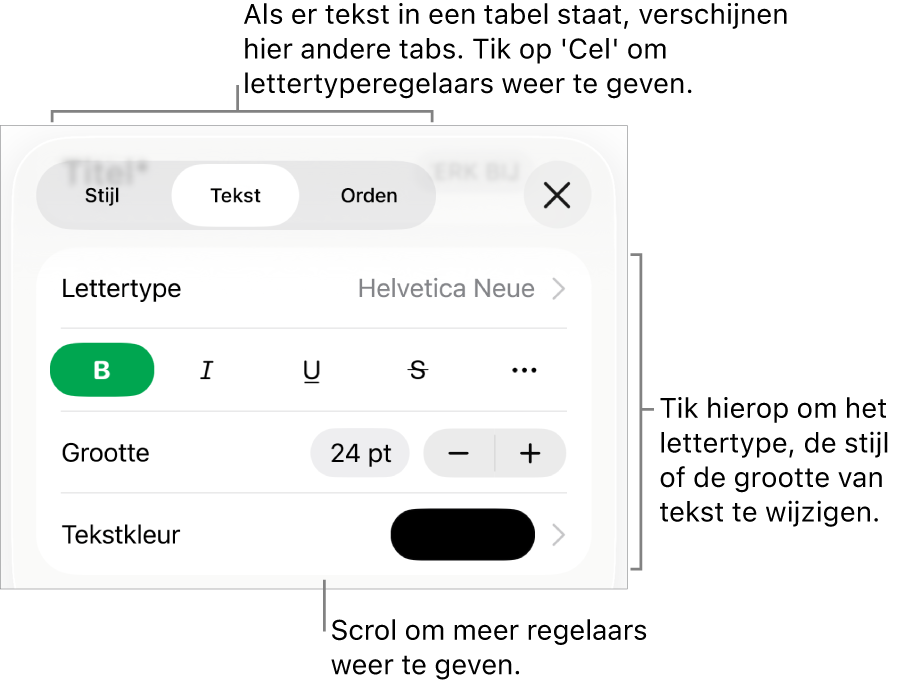 Tekstregelaars in het opmaakmenu voor het instellen van alinea- en tekenstijl, lettertype, lettergrootte en kleur.