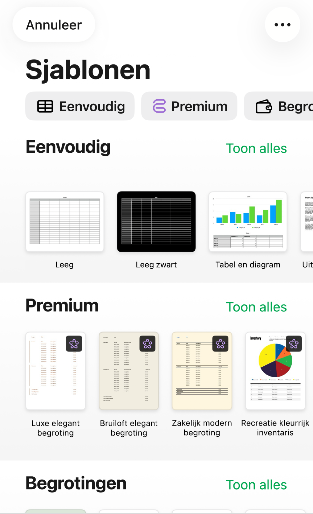 De sjabloonkiezer met bovenin een rij met categorieën waarmee je de beschikbare sjablonen kunt filteren. Daaronder staan miniaturen van vooraf gedefinieerde sjablonen die per categorie zijn gerangschikt.
