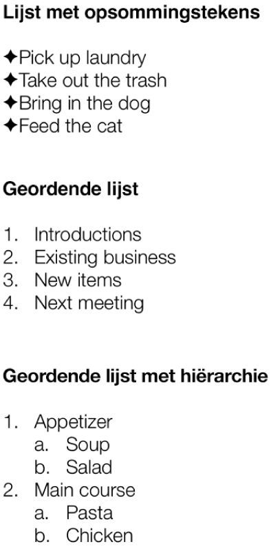 Voorbeelden van lijsten met opsommingstekens, geordende lijsten en geordende lijsten met een hiërarchie.
