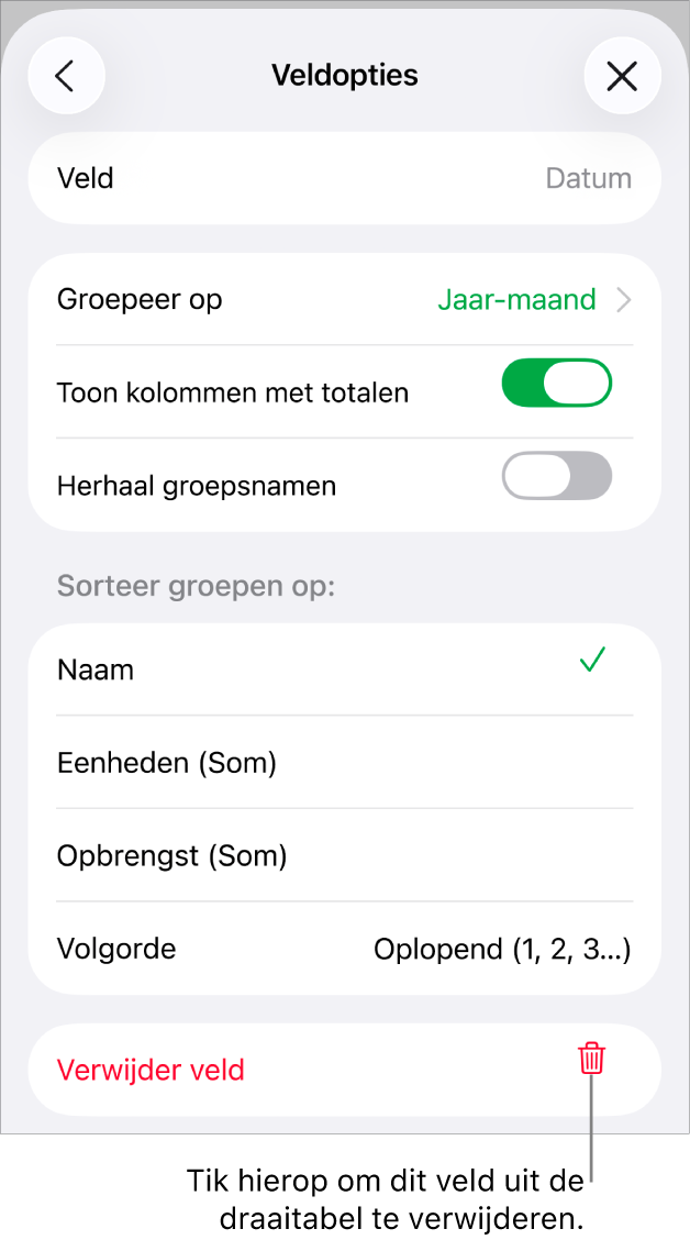 Het menu 'Veldopties', met de regelaars voor het groeperen en sorteren van gegevens, en de optie om een veld te verwijderen.
