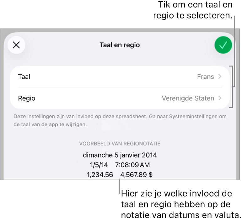 Paneel met regelaars voor de taal en regio en een voorbeeld van de notatie van datum, tijd, decimaalteken en valuta.