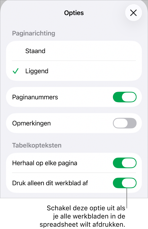 Afdrukopties om de paginarichting te kiezen, paginanummers en kopteksten weer te geven, het papierformaat te kiezen en om te bepalen welke pagina's je wilt afdrukken.