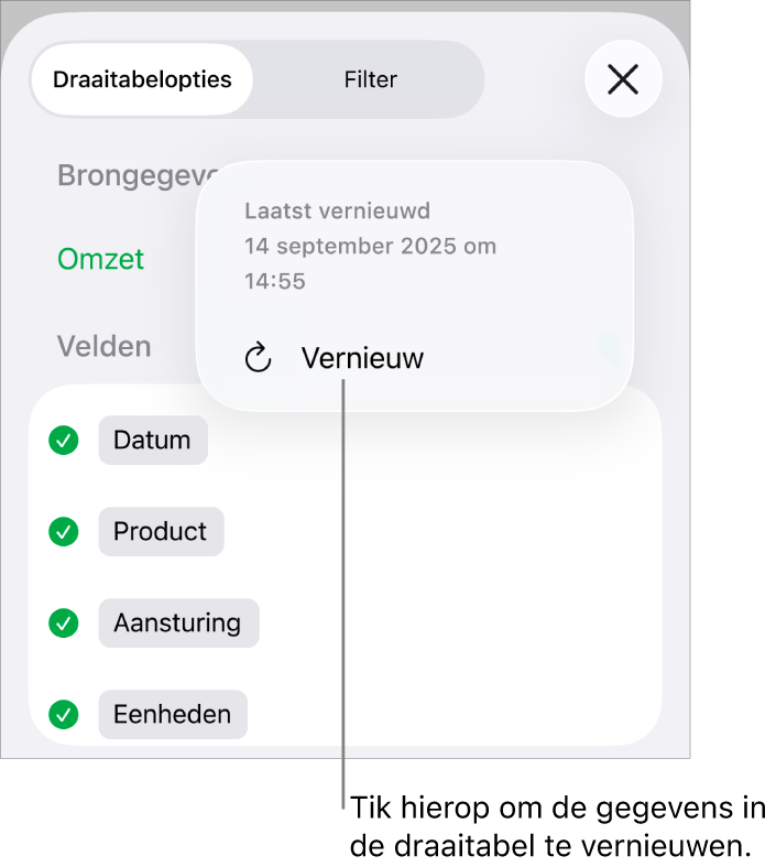 Het menu 'Draaitabelopties' met de optie om de draaitabel te vernieuwen.