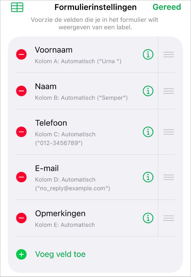 Het paneel 'Formulierinstellingen' met opties voor het toevoegen, wijzigen, rangschikken en verwijderen van velden en voor het wijzigen van de notatie van velden (bijvoorbeeld van 'Tekst' in 'Percentage').