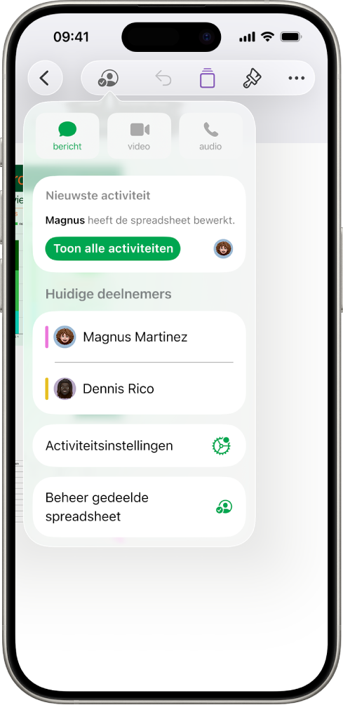 Het samenwerkingsmenu met daarin de namen van mensen die samen aan de spreadsheet werken.