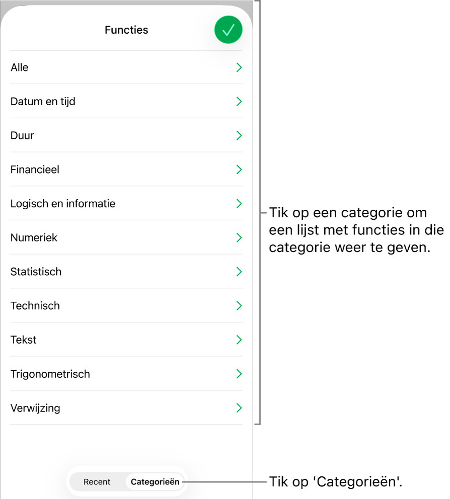 De functiekiezer met de knop 'Categorieën' geselecteerd en de lijst met categorieën eronder.