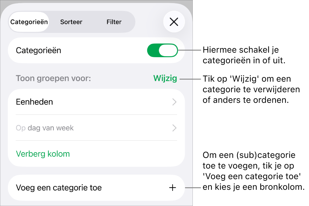 Het menu 'Categorieën' op de iPhone met de volgende opties: categorieën uitschakelen, categorieën verwijderen, gegevens anders groeperen, een bronkolom verbergen en categorieën toevoegen.