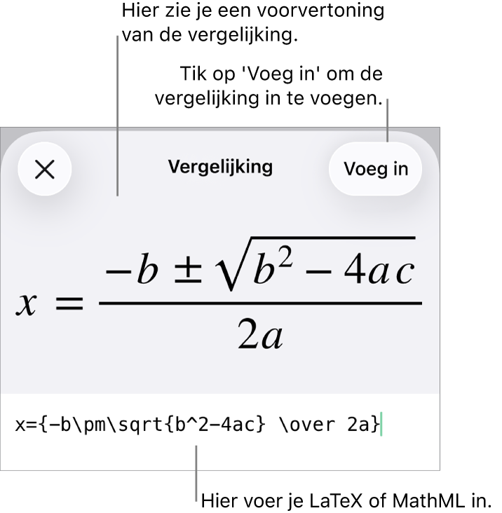 Het venster 'Vergelijking' met daarin een vergelijking die geschreven is met MathML-commando's en erboven een voorvertoning van de formule.