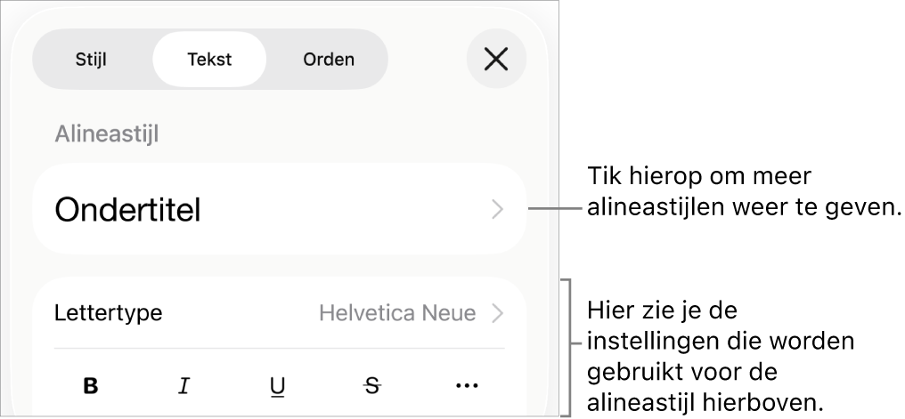 Het opmaakmenu met tekstregelaars voor het instellen van alinea- en tekenstijl, lettertype, lettergrootte en kleur.