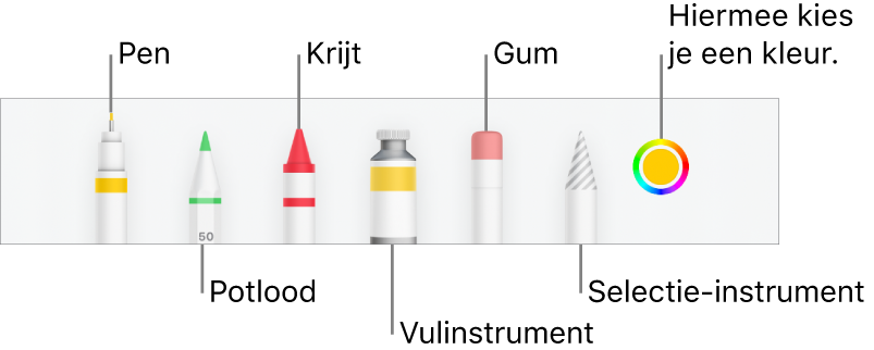 De knoppenbalk voor tekenen in Numbers op de iPhone met een pen, potlood, krijt, vulinstrument, gum en selectie-instrument en een kleurenvak met de huidige kleur.