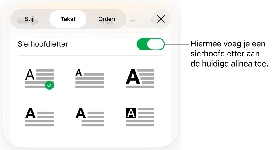 De regelaars voor sierhoofdletters in het menu 'Tekst'.