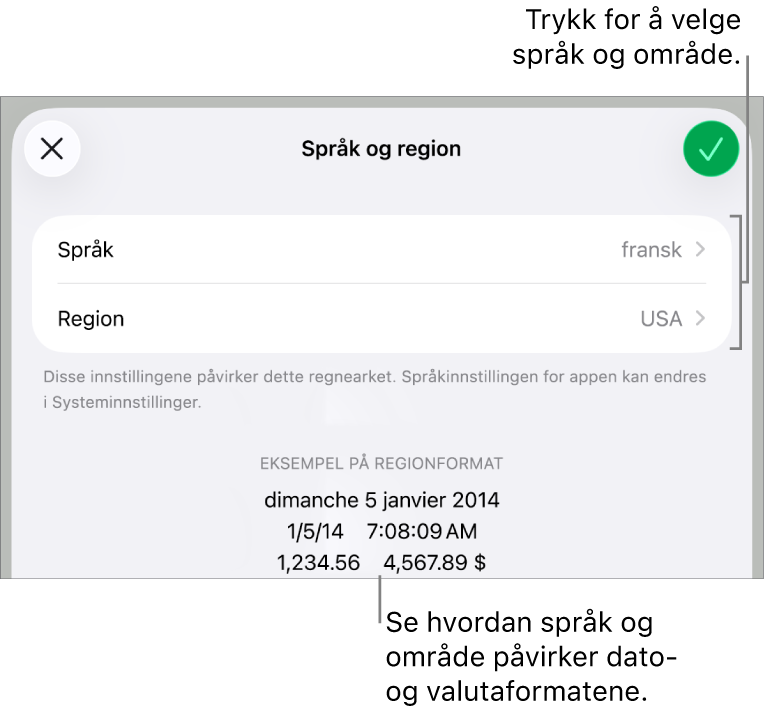 Språk og område-panelet med kontroller for språk og område, og et formateksempel med dato, klokkeslett, desimaler og valuta.