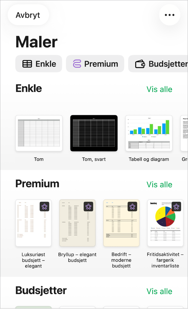 Malvelgeren med en rad med kategorier langs toppen som du kan trykke på for å filtrere alternativene. Under er miniatyrer av forhåndsdesignede maler som er plassert i rader etter kategori.
