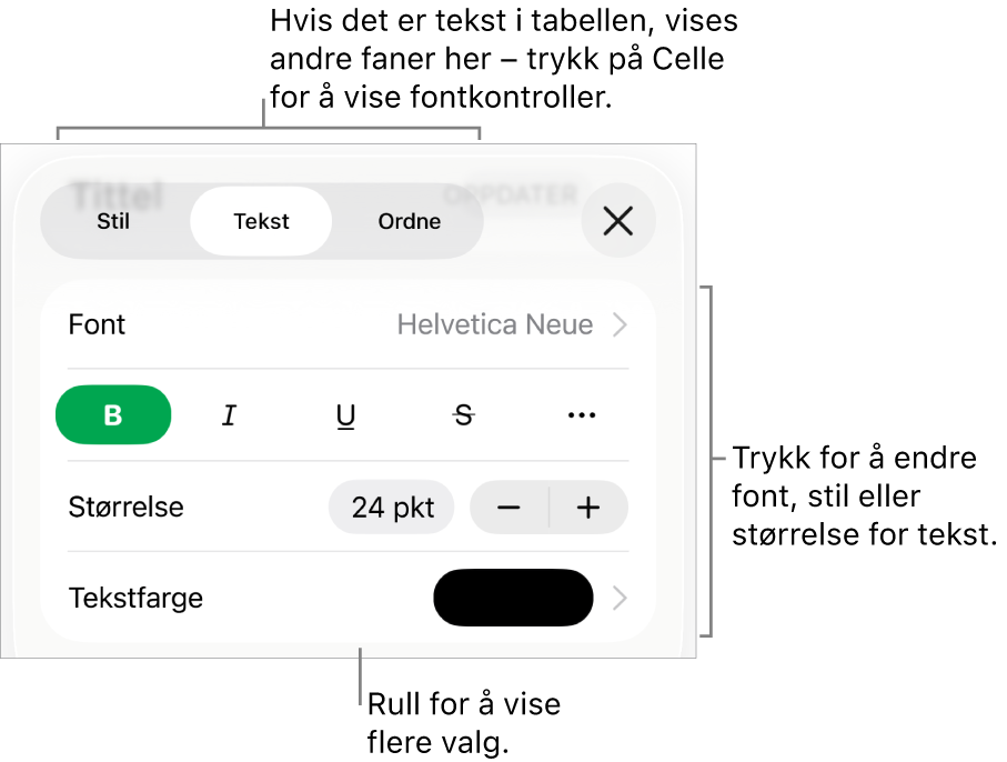 Tekstkontroller i Format-menyen for å angi avsnitts- og tegnstiler, font, størrelse og farge.