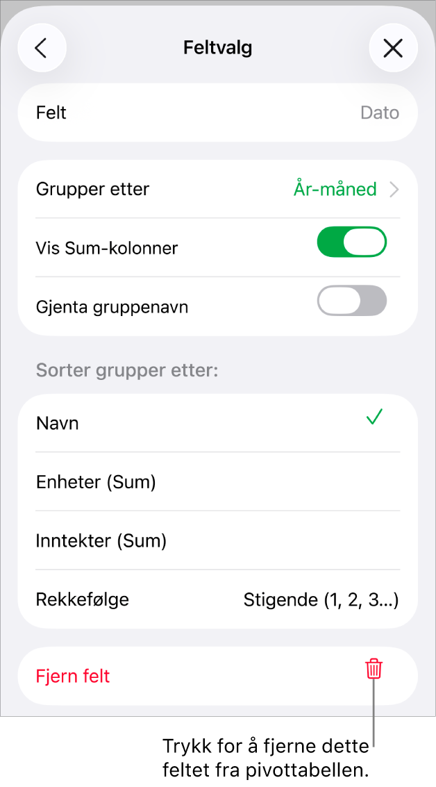Feltvalg-menyen med kontroller for å gruppere og sortere data samt valget for å fjerne et felt.