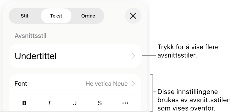 Format-menyen som viser tekstkontroller for å angi avsnitts- og tegnstiler, font, størrelse og farge.