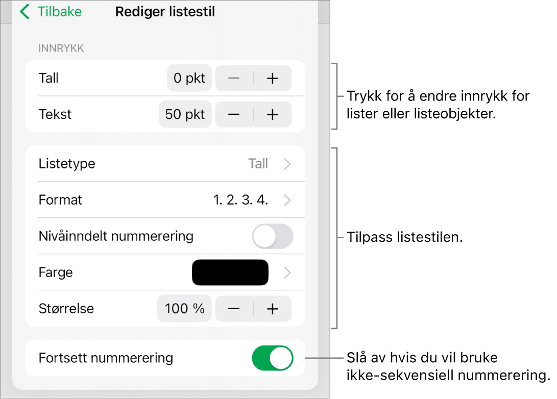 Rediger listestil-meny med kontroller for innrykk, listetype og -format, nivåinndelt nummerering, listefarge og -størrelse og fortsatt nummerering.