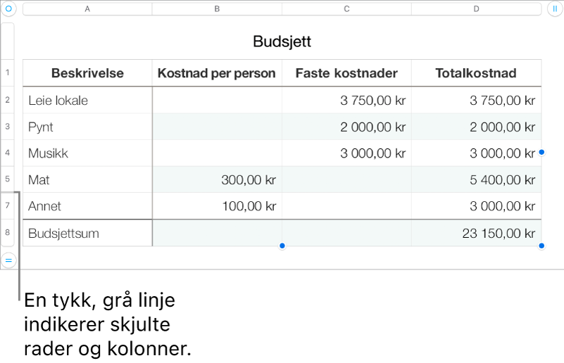 En tykk grå linje viser hvor rader og kolonner er skjult.