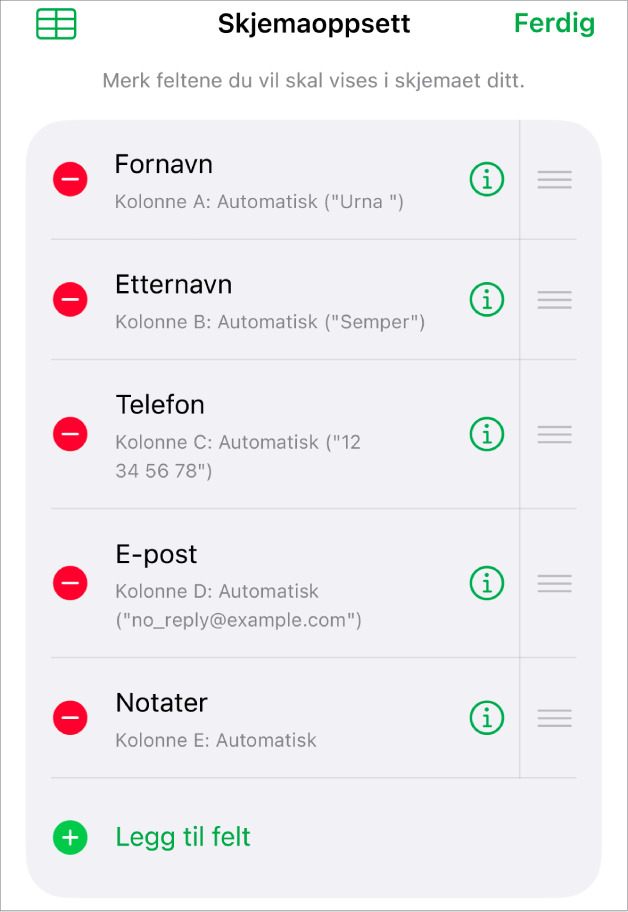 Skjemaoppsett-kontroller, med valg for å legge til, redigere, endre rekkefølgen på og slette felter, i tillegg til endring av feltformat (for eksempel fra Tekst til Prosent).