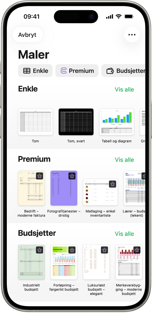 Malvelgeren med en rad med kategorier langs toppen som du kan trykke på for å filtrere alternativene. Nedenfor vises miniatyrbilder av forhåndsdesignede maler arrangert i rader etter kategori, med Sist brukte øverst, etterfulgt av Enkle og Personlig økonomi. En Vis alle-knapp vises over og til høyre for hver kategorirad. Språk og region-knappen er øverst til høyre.