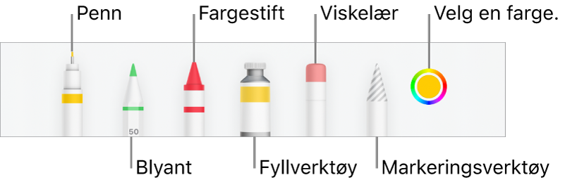 Tegneverktøylinjen i Numbers på iPhone med en penn, blyant, fargestift, fyllverktøy, viskelær, markeringsverktøy og fargefelt som viser den gjeldende fargen.
