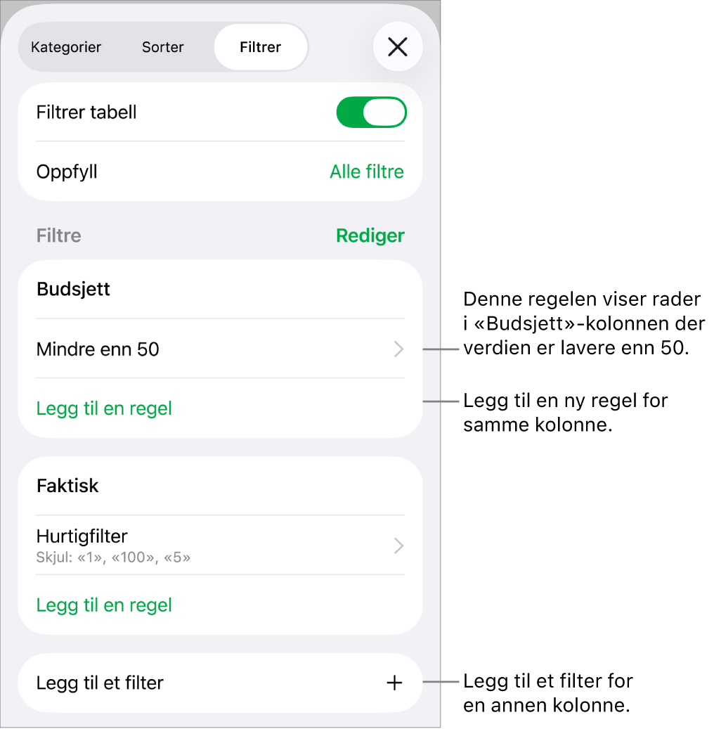 Kontroller for å legge til nye filtreringsregler eller redigere eksisterende regler.