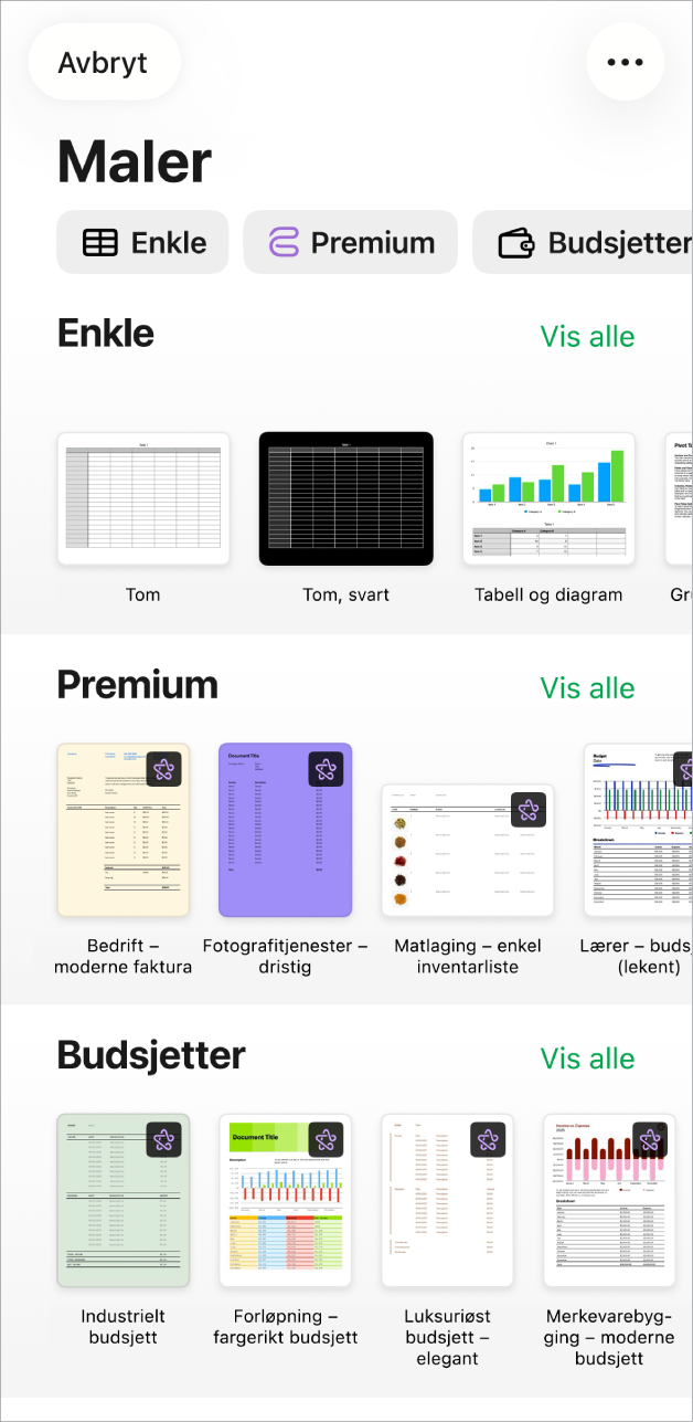 Malvelgeren vises med en rad med kategorier langs toppen som du kan trykke på for å filtrere alternativene. Nedenfor vises miniatyrbilder av forhåndsdesignede maler arrangert i rader etter kategori, med Enkle øverst, etterfulgt av Personlig økonomi, Personlig og Bedrift. En Vis alle-knapp vises over og til høyre for hver kategorirad. Avbryt-knappen vises oppe i venstre hjørne.