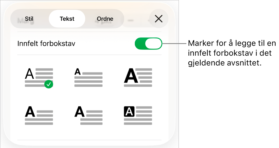 Innfelt forbokstav-kontrollene vises i Tekst-menyen.