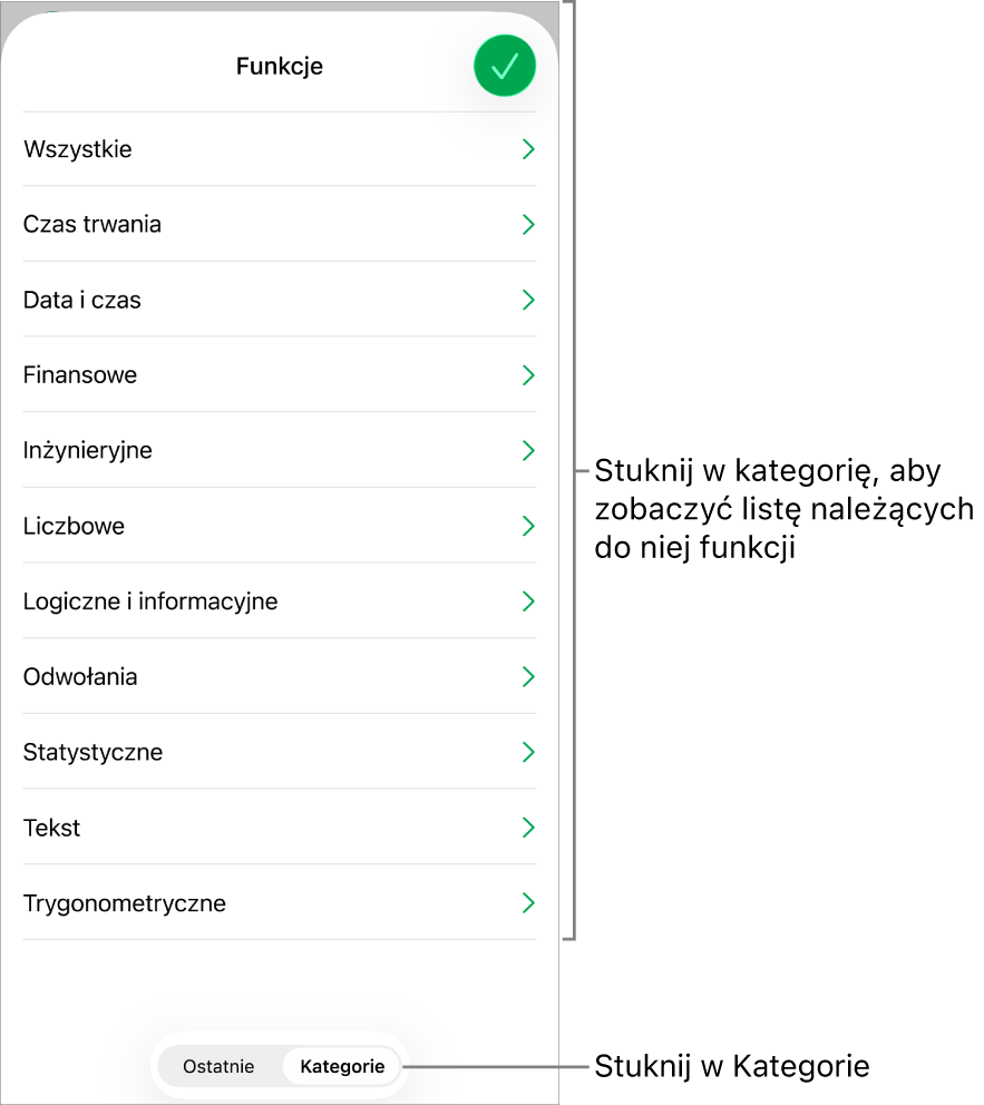 Przeglądarka funkcji z zaznaczonym przyciskiem Kategorie oraz wyświetloną poniżej listą kategorii.