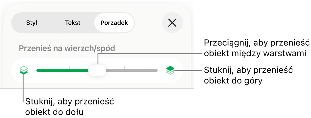 Przycisk przenoszenia niżej, przycisk przenoszenia wyżej i suwak warstw.
