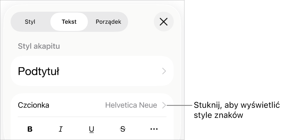 Narzędzia formatowania. Na samej górze widoczne są style akapitu, a poniżej znajdują się narzędzia czcionki. Pod narzędziami czcionki widoczne są przyciski Pogrubienie, Kursywa, Podkreślenie, Przekreślenie oraz Więcej opcji tekstu.