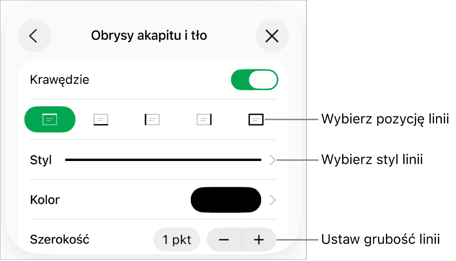 Narzędzia zmieniania stylu, grubości, pozycji i koloru linii.